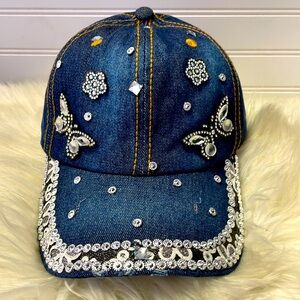 Butterfly 🦋 & Bling 💎 Dark Blue Denim Baseball Cap